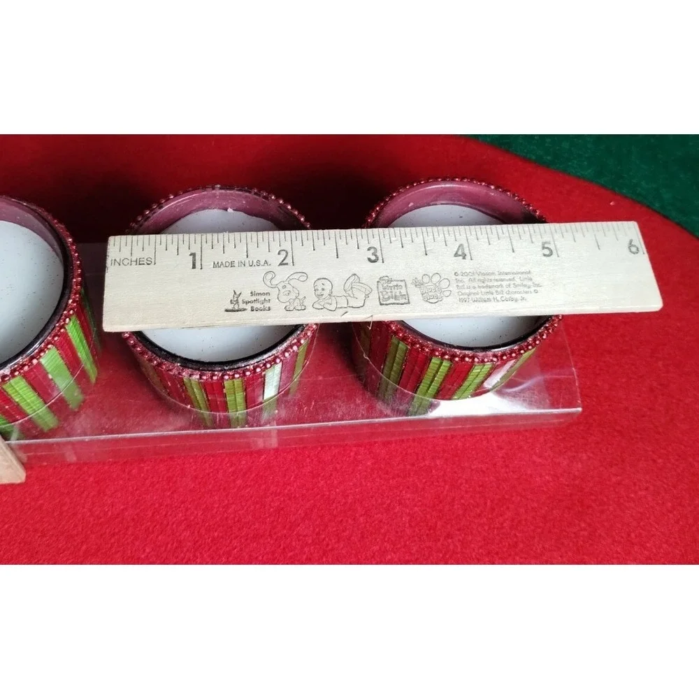 Pier 1 Imports Christmas Red & Green Mosaic Stripes Beaded Edge Votive Candles
